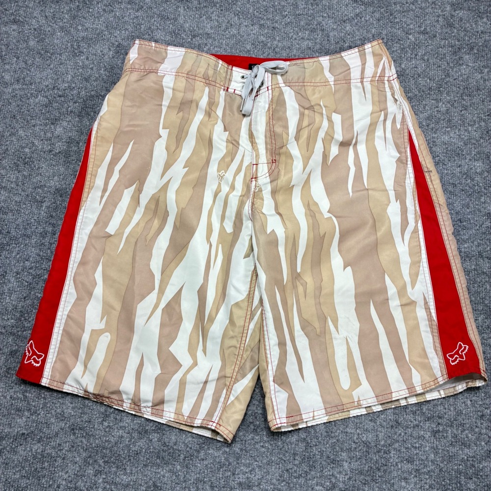 Fox Racing Mens Board Drawstring Shorts Sz.34 Tiger Stripe Camo Red Tan Swimming
